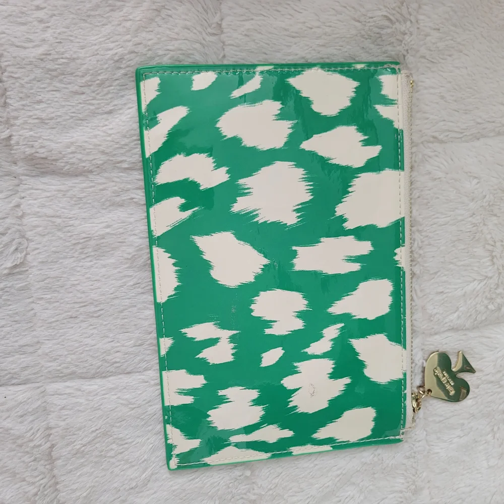 Kate Spade Green and White Geometric Pattern Make-up Pouch Bag Gold Hardware